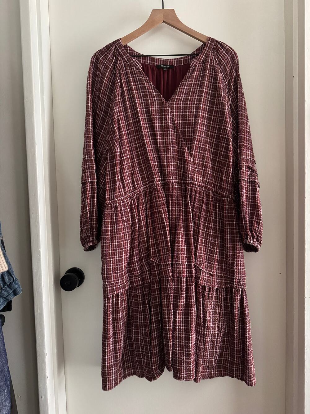 MADEWELL red plaid seersucker tiered wrap mini dress